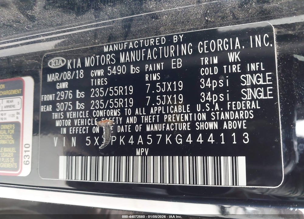 2019 KIA SORENTO 3.3L SX VIN: 5XYPK4A57KG444113
