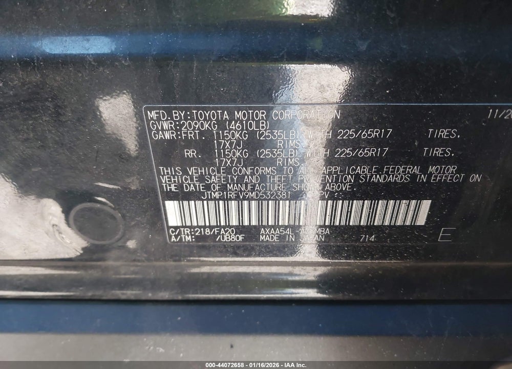 2021 TOYOTA RAV4 XLE VIN: JTMP1RFV9MD532381