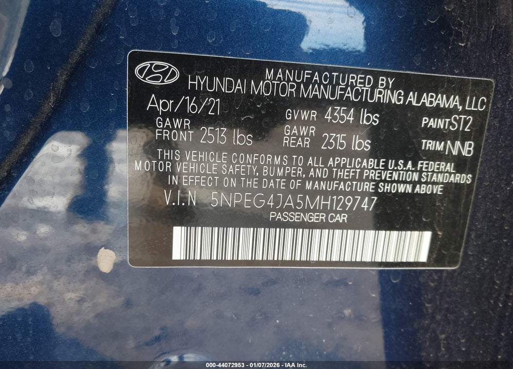 2021 HYUNDAI SONATA SE VIN: 5NPEG4JA5MH129747