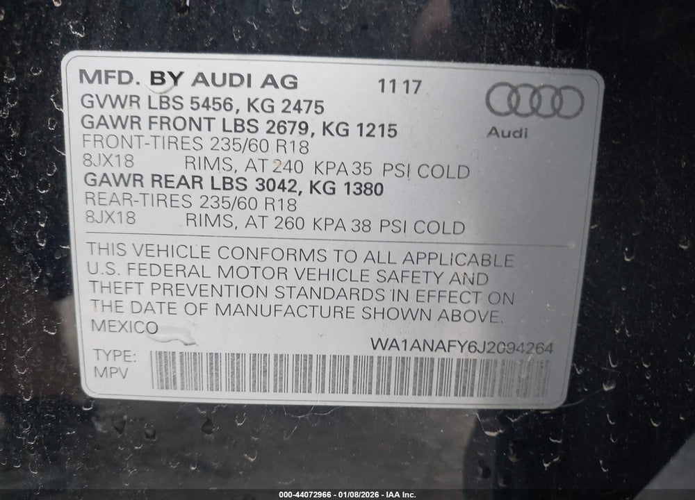 2018 AUDI Q5 2.0T PREMIUM/2.0T TECH PREMIUM VIN: WA1ANAFY6J2094264