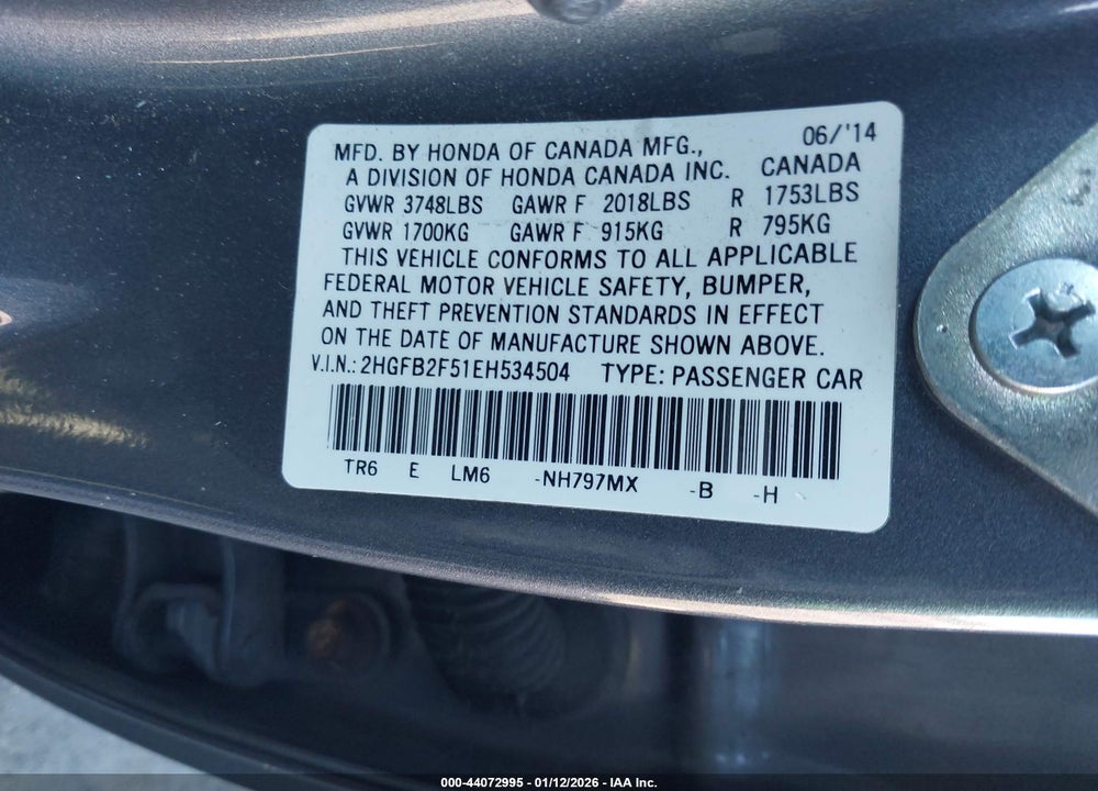 2014 HONDA CIVIC LX VIN: 2HGFB2F51EH534504