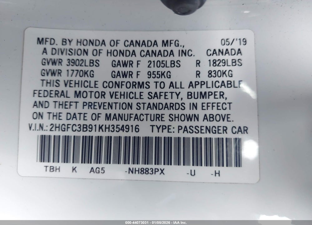 2019 HONDA CIVIC TOURING VIN: 2HGFC3B91KH354916