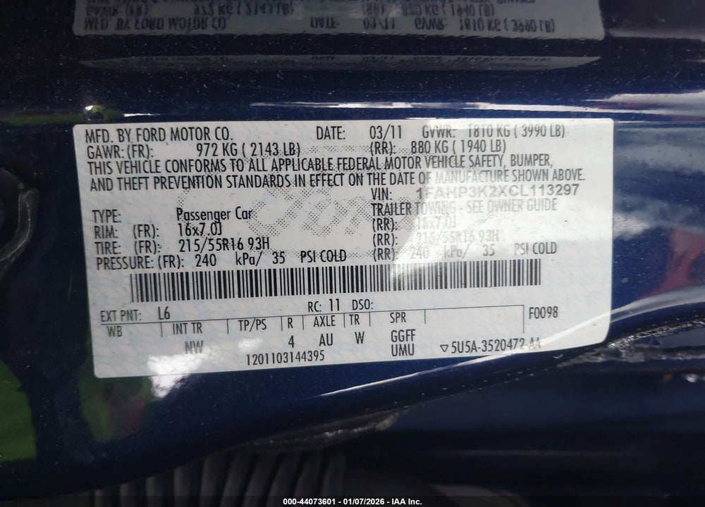 2012 FORD FOCUS SE VIN: 1FAHP3K2XCL113297