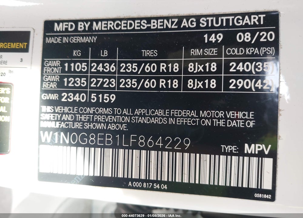 2020 MERCEDES-BENZ GLC 300 4MATIC VIN: W1N0G8EB1LF864229