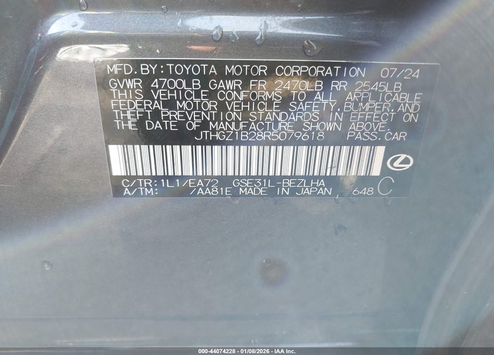 2024 LEXUS IS 350 F SPORT VIN: JTHGZ1B28R5079618