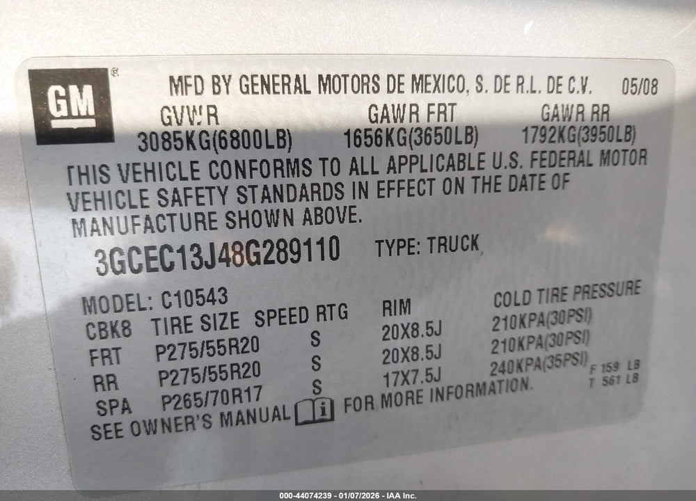 2008 CHEVROLET SILVERADO 1500 LT1 VIN: 3GCEC13J48G289110