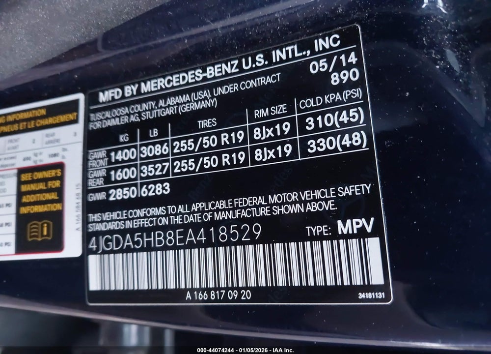 2014 MERCEDES-BENZ ML 350 4MATIC VIN: 4JGDA5HB8EA418529