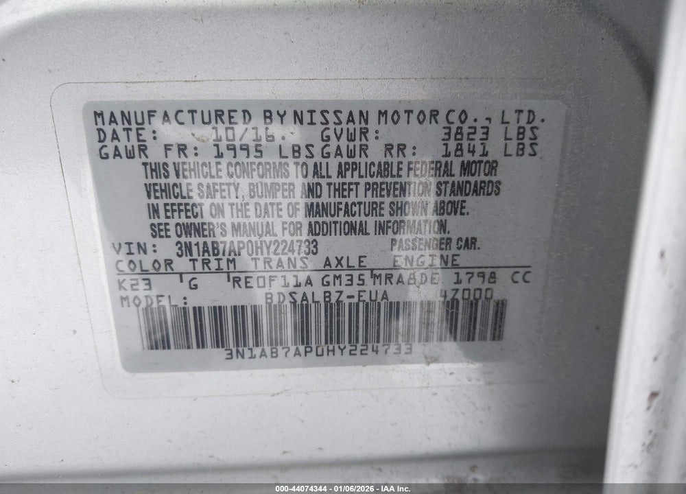 2017 NISSAN SENTRA S VIN: 3N1AB7AP0HY224733