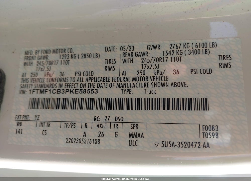 2023 FORD F-150 XL VIN: 1FTMF1CB3PKE58553