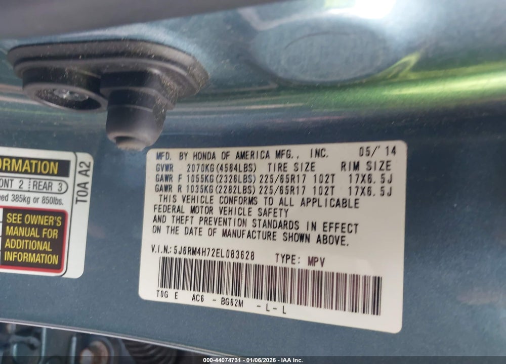 2014 HONDA CR-V EX-L VIN: 5J6RM4H72EL083628