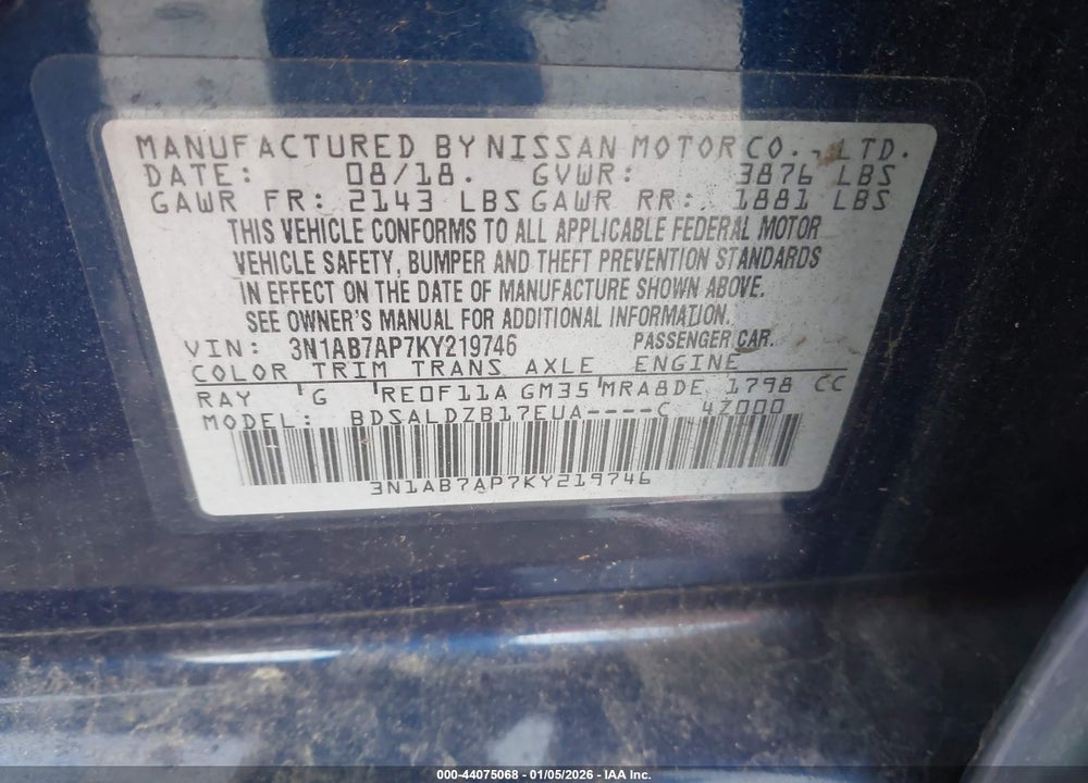 2019 NISSAN SENTRA SV VIN: 3N1AB7AP7KY219746