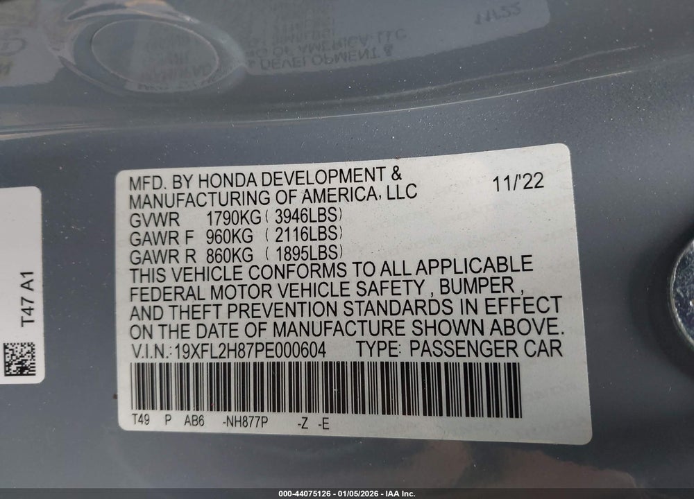 2023 HONDA CIVIC SPORT VIN: 19XFL2H87PE000604