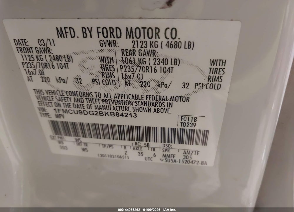 2011 FORD ESCAPE XLT VIN: 1FMCU9DG2BKB84213
