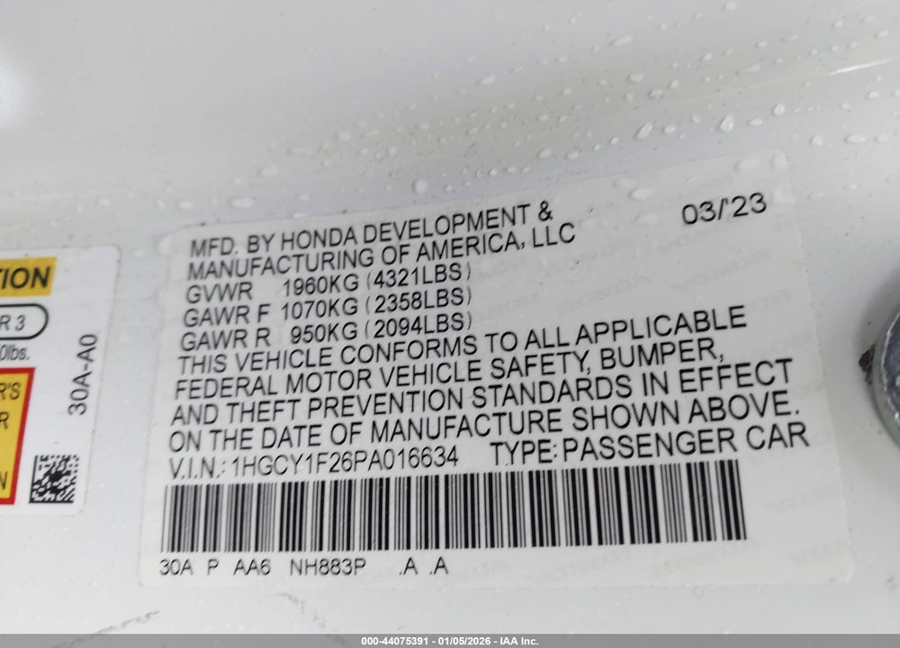 2023 HONDA ACCORD LX VIN: 1HGCY1F26PA016634