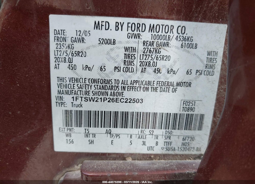 2006 FORD F-250 LARIAT/XL/XLT VIN: 1FTSW21P26EC22503