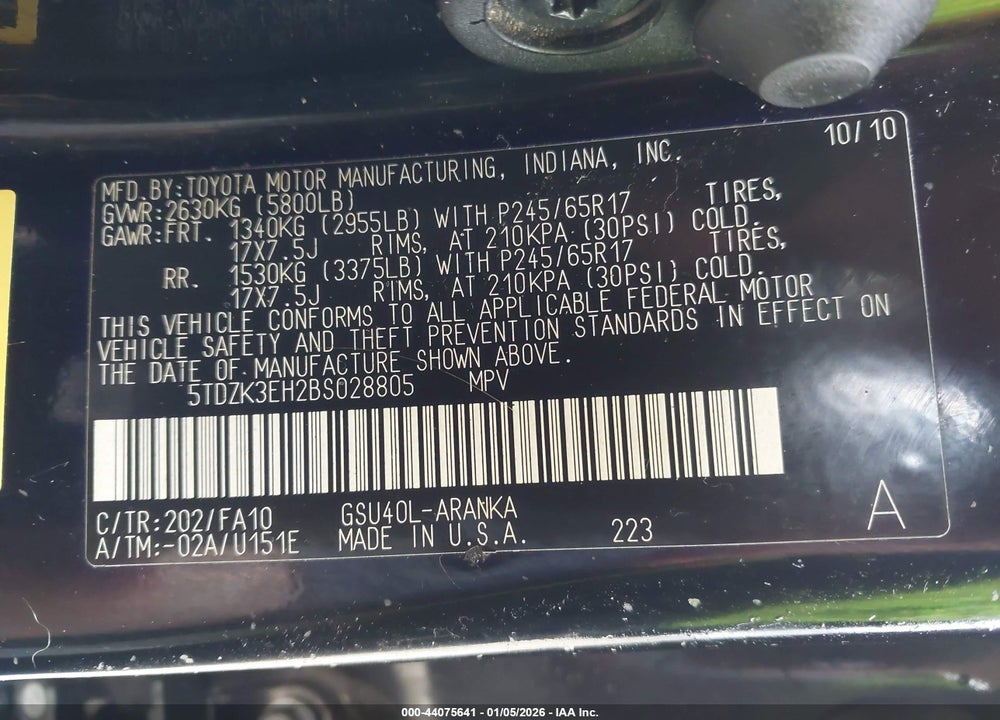 2011 TOYOTA HIGHLANDER BASE V6 VIN: 5TDZK3EH2BS028805