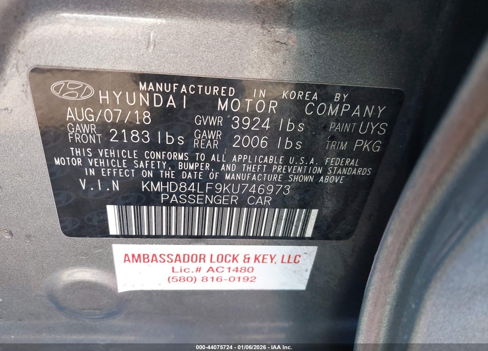 2019 HYUNDAI ELANTRA SEL VIN: KMHD84LF9KU746973