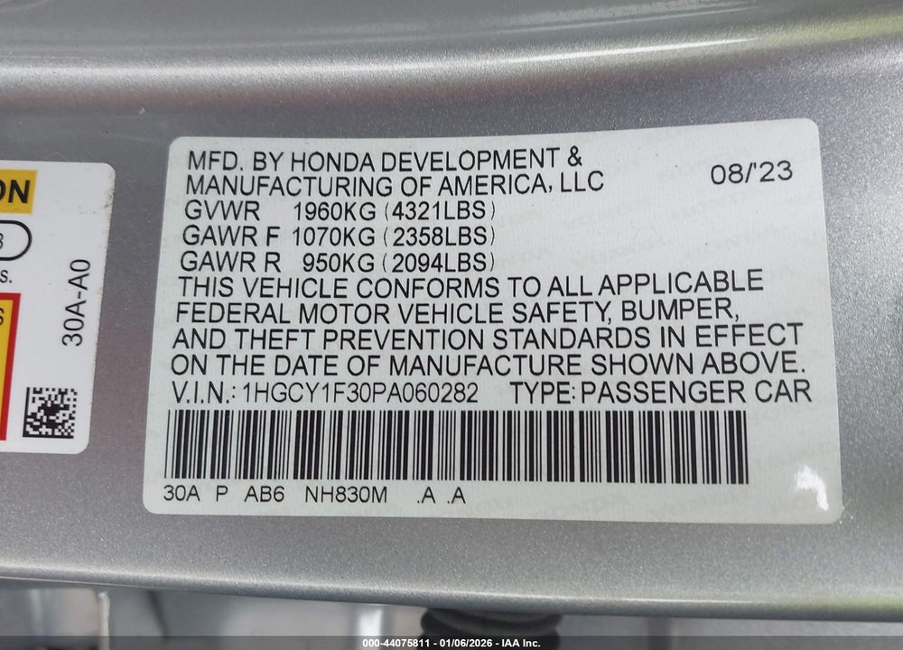 2023 HONDA ACCORD EX VIN: 1HGCY1F30PA060282