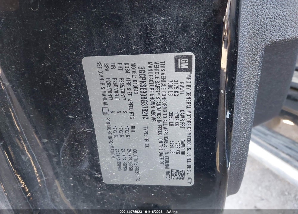 2011 CHEVROLET SILVERADO 1500 LT VIN: 3GCPKSE39BG378212
