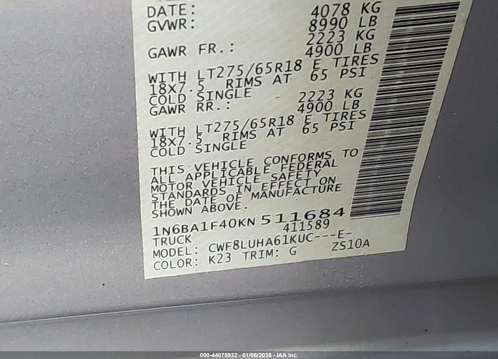 2019 NISSAN TITAN XD PRO-4X DIESEL VIN: 1N6BA1F40KN511684