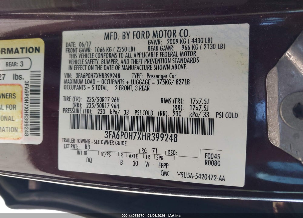 2017 FORD FUSION SE VIN: 3FA6P0H7XHR399248