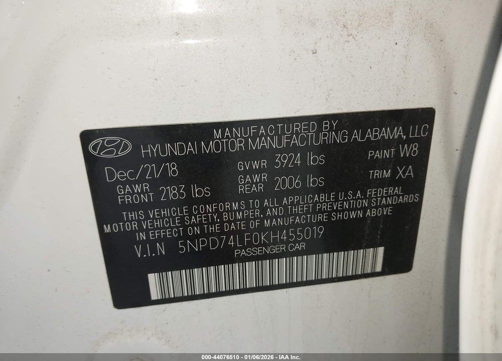 2019 HYUNDAI ELANTRA SE VIN: 5NPD74LF0KH455019
