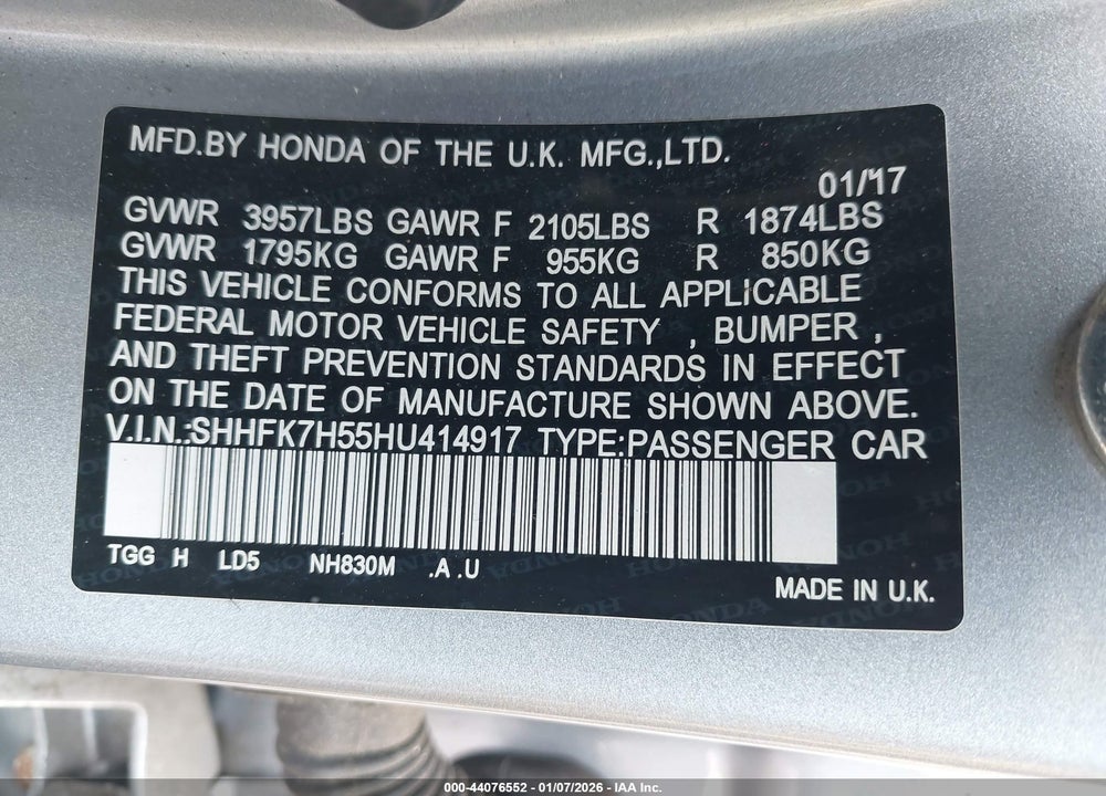 2017 HONDA CIVIC EX VIN: SHHFK7H55HU414917