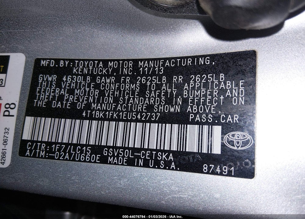 2014 TOYOTA CAMRY SE VIN: 4T1BK1FK1EU542737