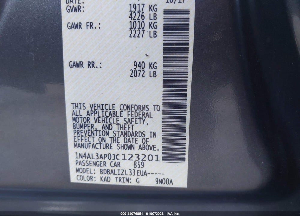 2018 NISSAN ALTIMA 2.5 SV VIN: 1N4AL3AP0JC123201