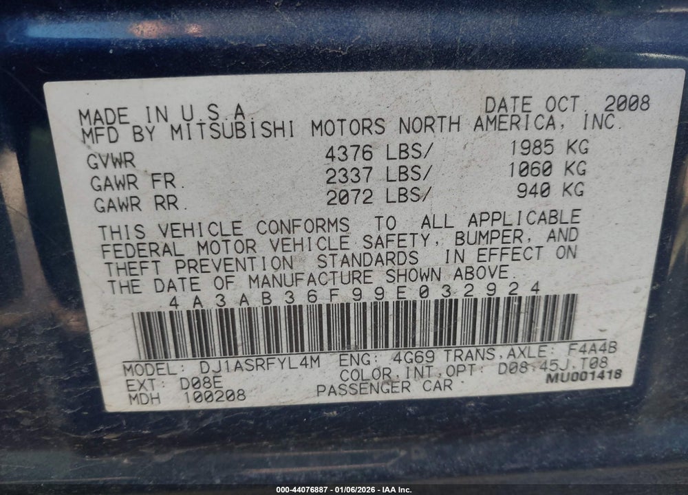 2009 MITSUBISHI GALANT ES/SPORT EDITION VIN: 4A3AB36F99E032924