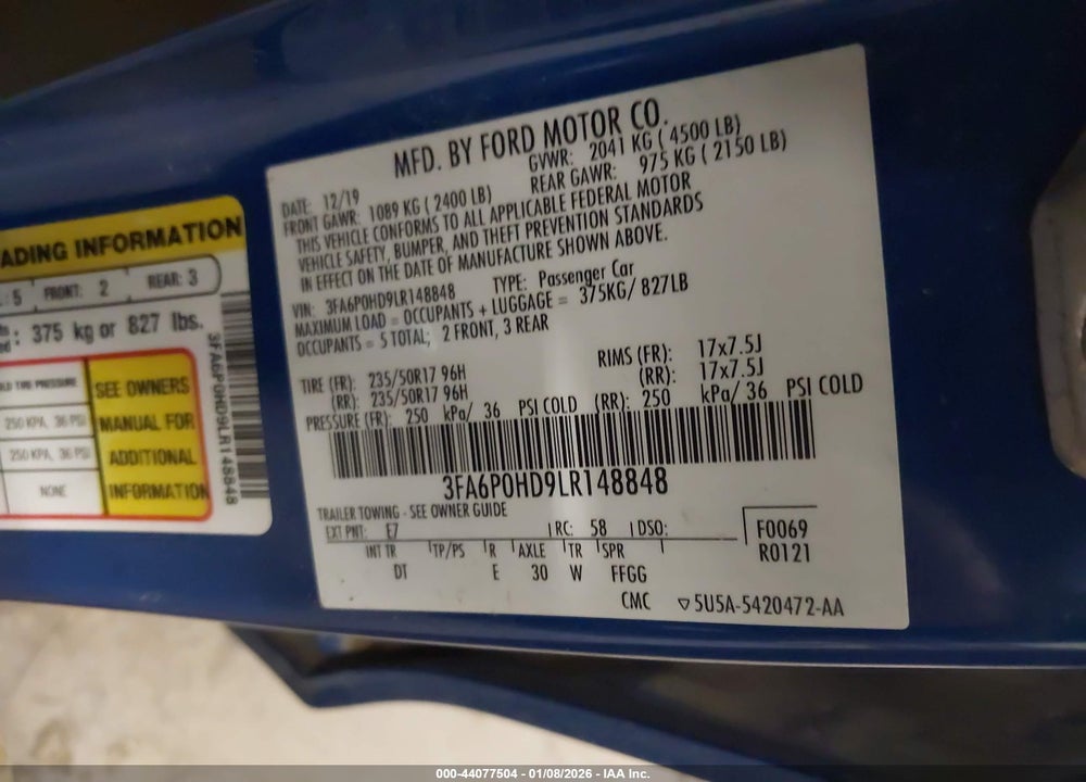 2020 FORD FUSION SE VIN: 3FA6P0HD9LR148848