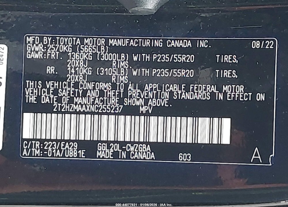 2022 LEXUS RX350 VIN: 2T2HZMAAXNC255237