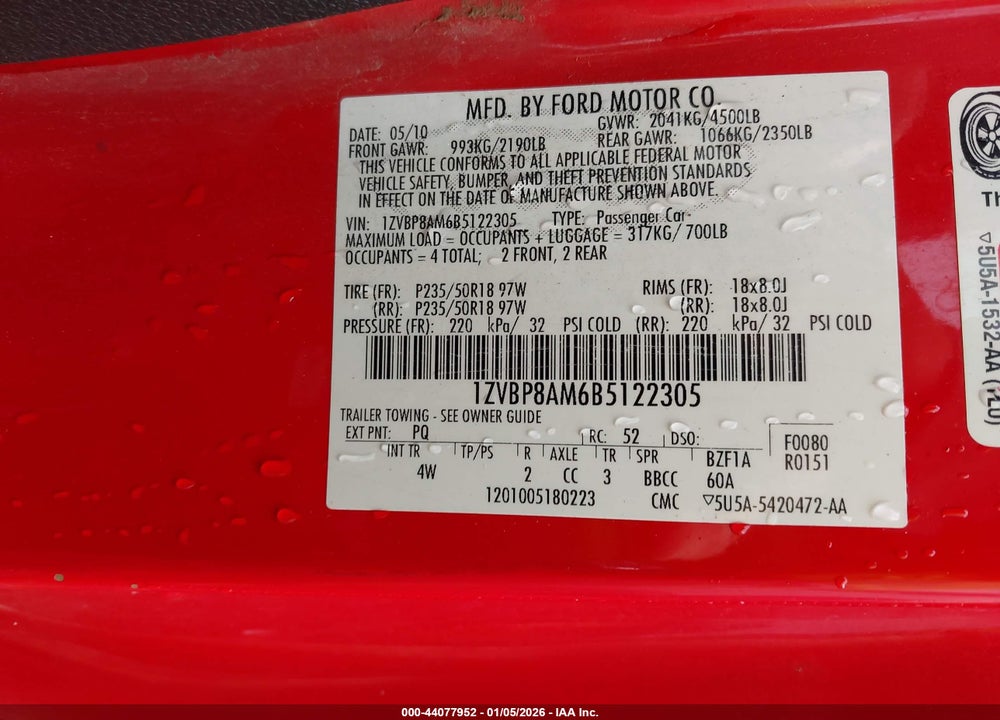 2011 FORD MUSTANG V6 PREMIUM VIN: 1ZVBP8AM6B5122305