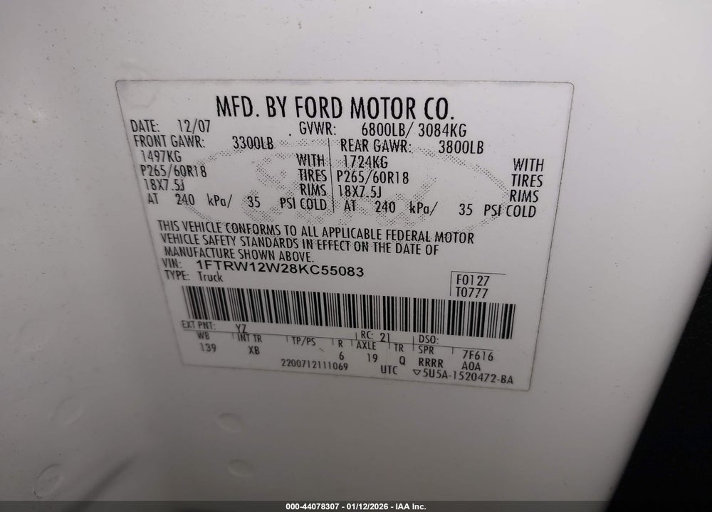 2008 FORD F-150 60TH ANNIVERSARY/FX2/XL/XLT VIN: 1FTRW12W28KC55083