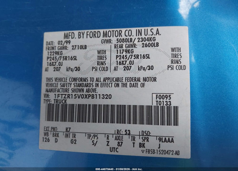 1999 FORD RANGER XL/XLT VIN: 1FTZR15V0XPB11320