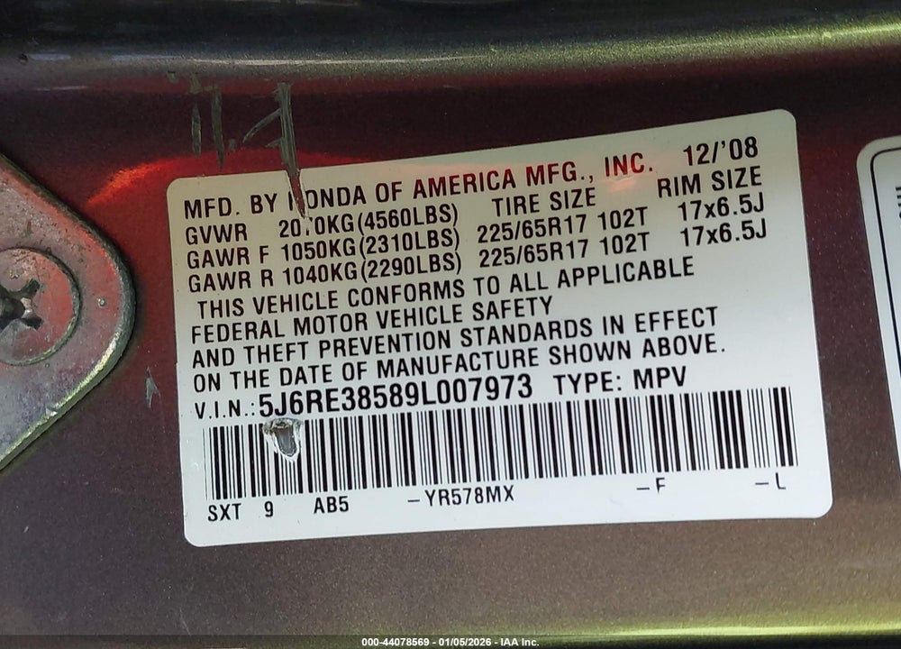 2009 HONDA CR-V EX VIN: 5J6RE38589L007973