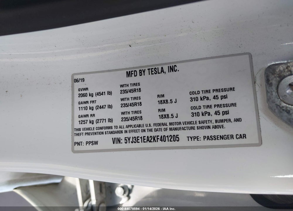 2019 TESLA MODEL 3 LONG RANGE/MID RANGE/STANDARD RANGE/STANDARD RANGE PLUS VIN: 5YJ3E1EA2KF401205