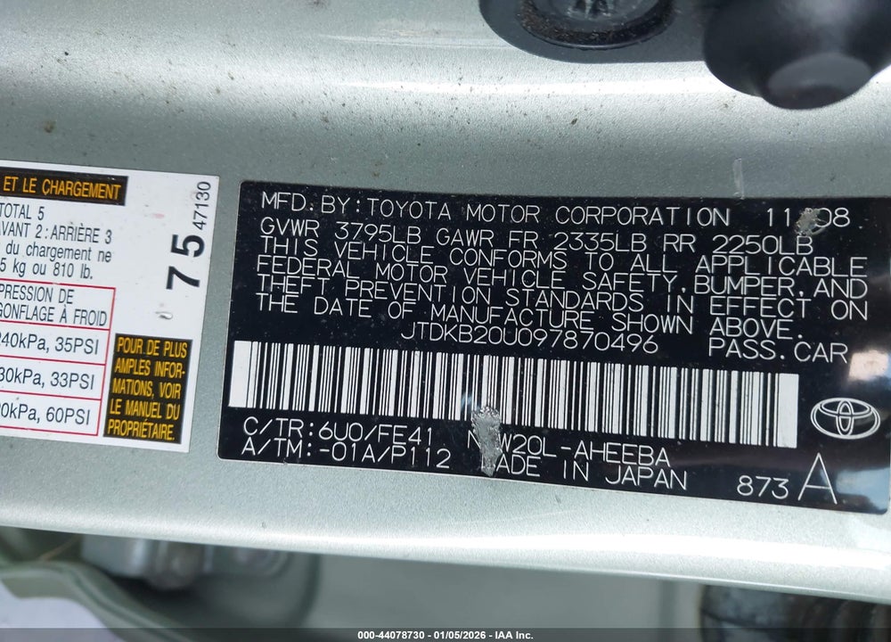 2009 TOYOTA PRIUS VIN: JTDKB20U097870496