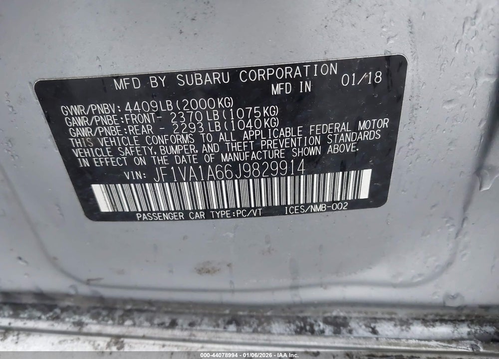 2018 SUBARU WRX VIN: JF1VA1A66J9829914