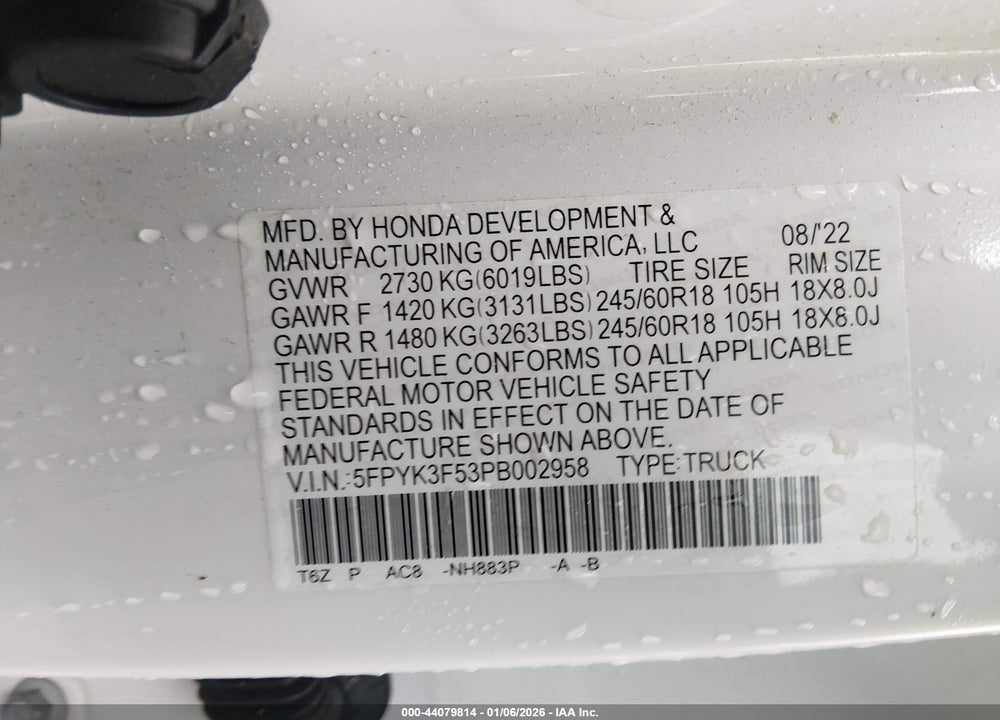 2023 HONDA RIDGELINE RTL VIN: 5FPYK3F53PB002958