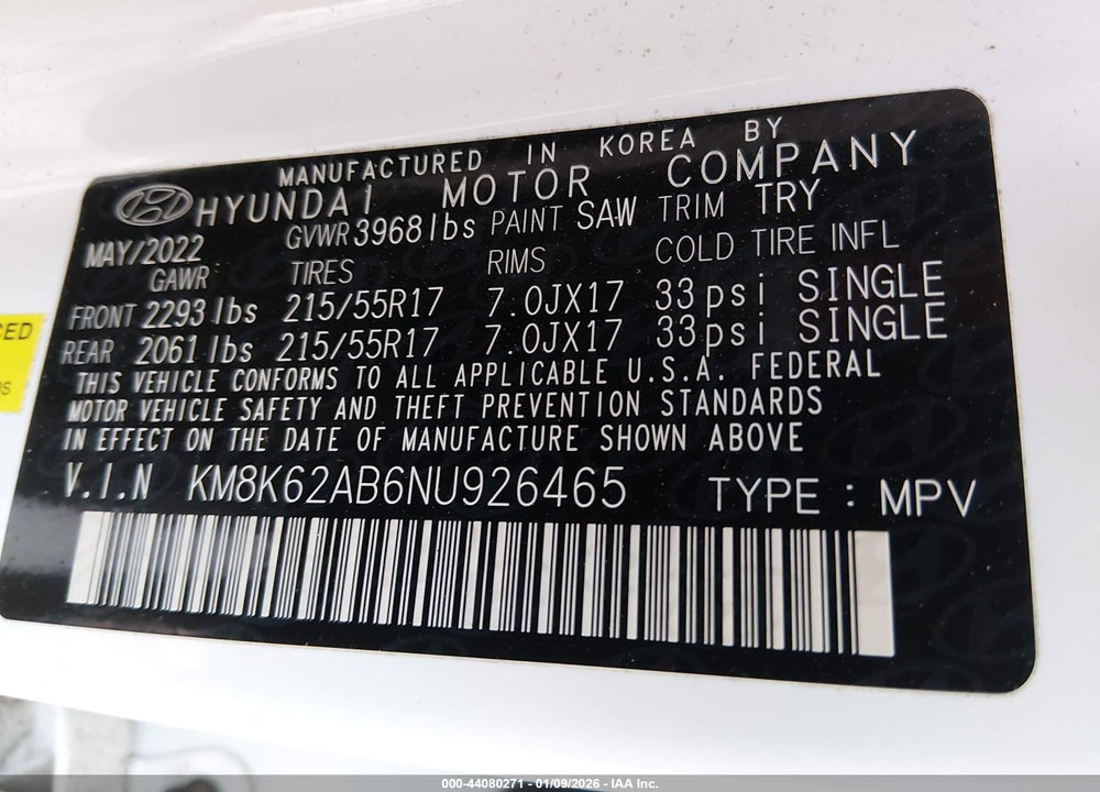 2022 HYUNDAI KONA SEL VIN: KM8K62AB6NU926465
