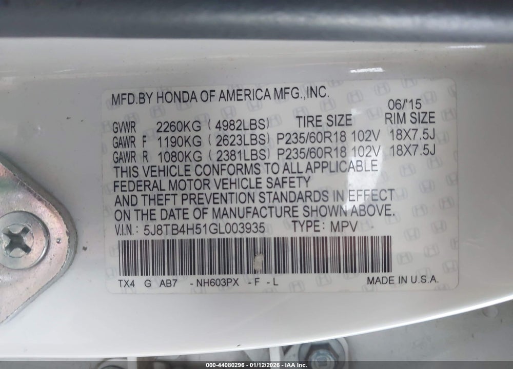 2016 ACURA RDX TECHNOLOGY   WATCH PLUS PACKAGES/TECHNOLOGY PACKAGE VIN: 5J8TB4H51GL003935