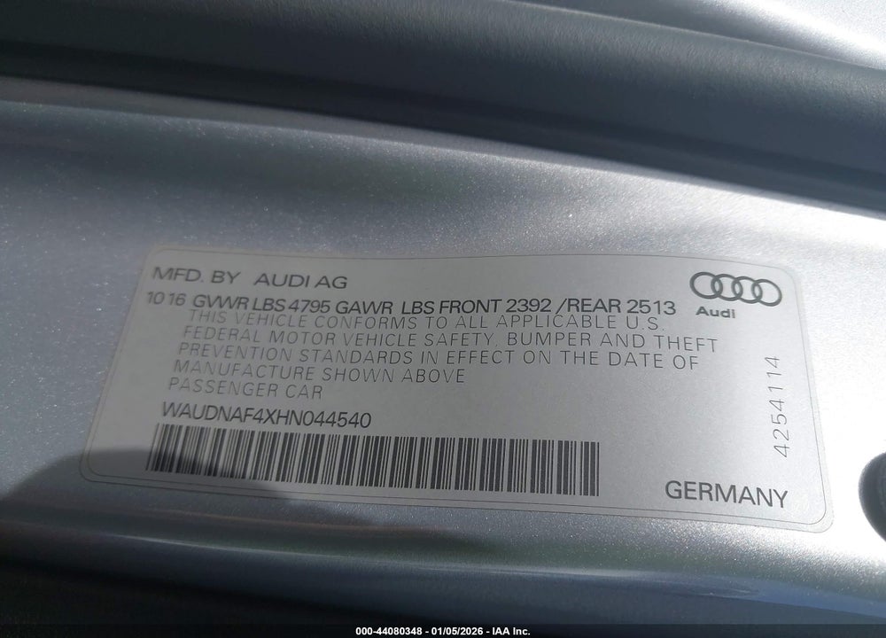 2017 AUDI A4 2.0T SEASON OF  PREMIUM VIN: WAUDNAF4XHN044540