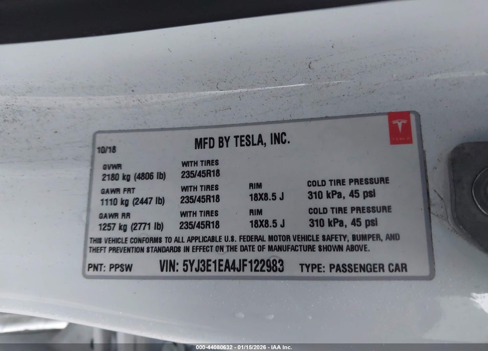 2018 TESLA MODEL 3 LONG RANGE/MID RANGE VIN: 5YJ3E1EA4JF122983