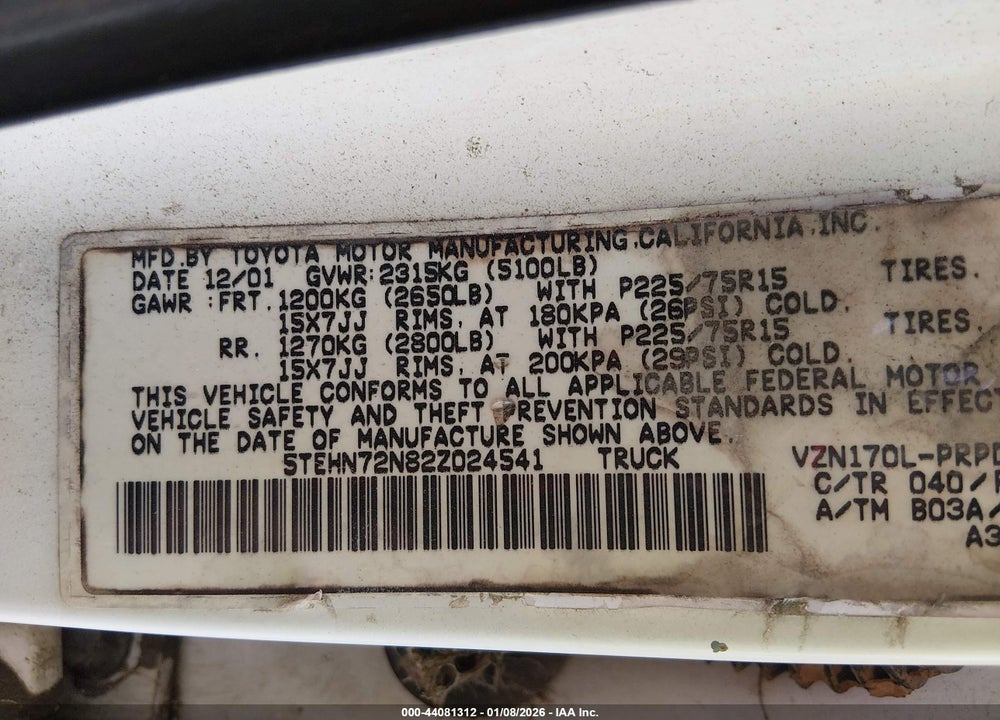 2002 TOYOTA TACOMA BASE V6 VIN: 5TEHN72N82Z024541
