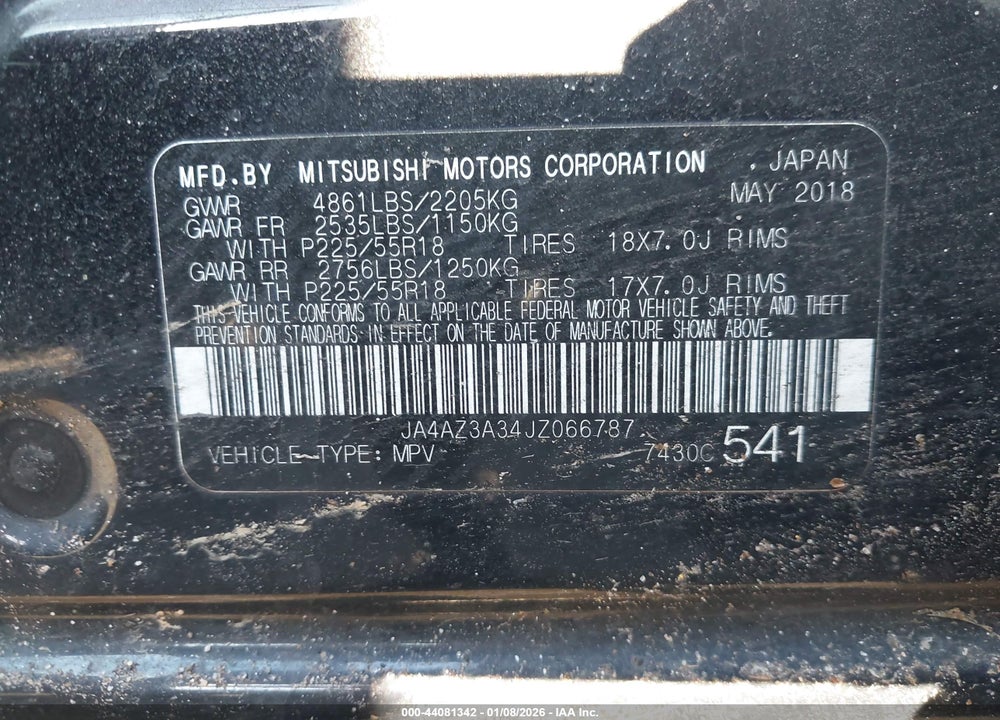 2018 MITSUBISHI OUTLANDER ES/LE/SE/SEL VIN: JA4AZ3A34JZ066787
