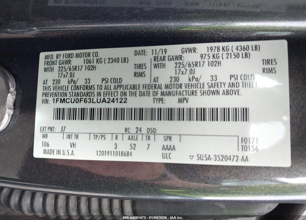 2020 FORD ESCAPE S VIN: 1FMCU0F63LUA24122