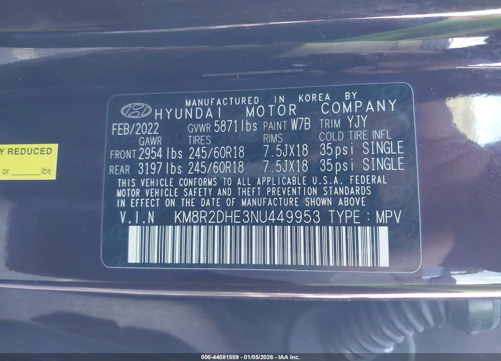 2022 HYUNDAI PALISADE SEL VIN: KM8R2DHE3NU449953