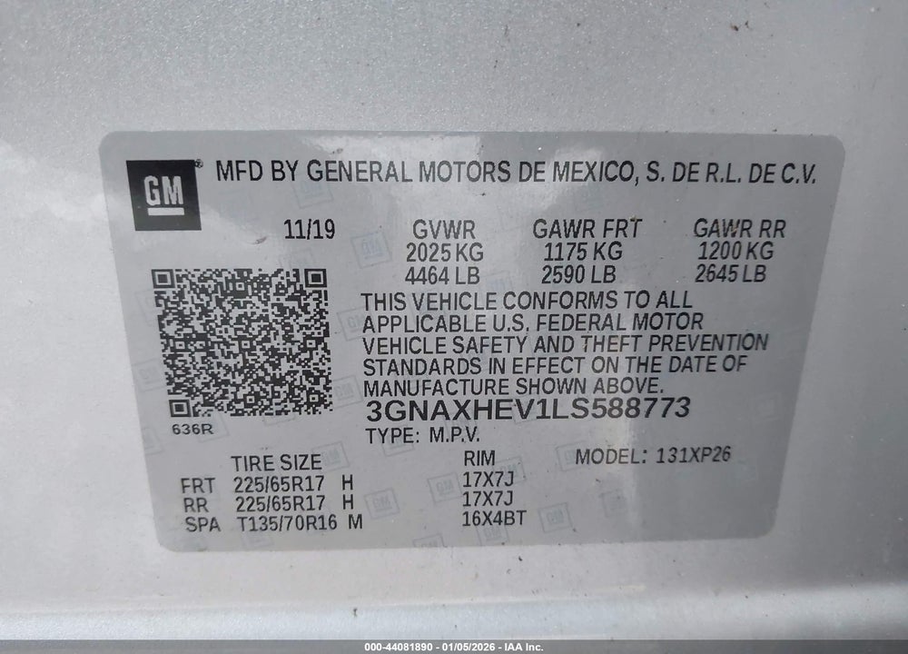 2020 CHEVROLET EQUINOX FWD LS VIN: 3GNAXHEV1LS588773