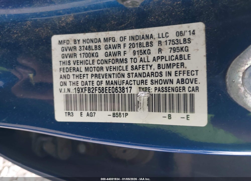 2014 HONDA CIVIC LX VIN: 19XFB2F58EE063817